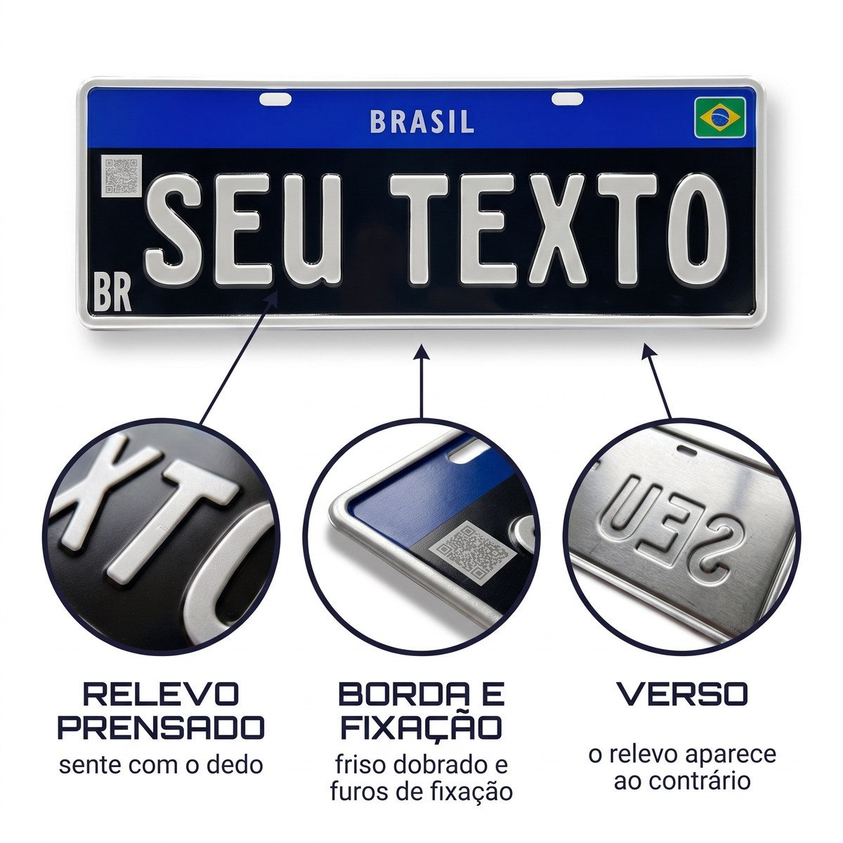 Anatomia da placa colecionador preta: relevo prensado, borda com furos de fixação e verso