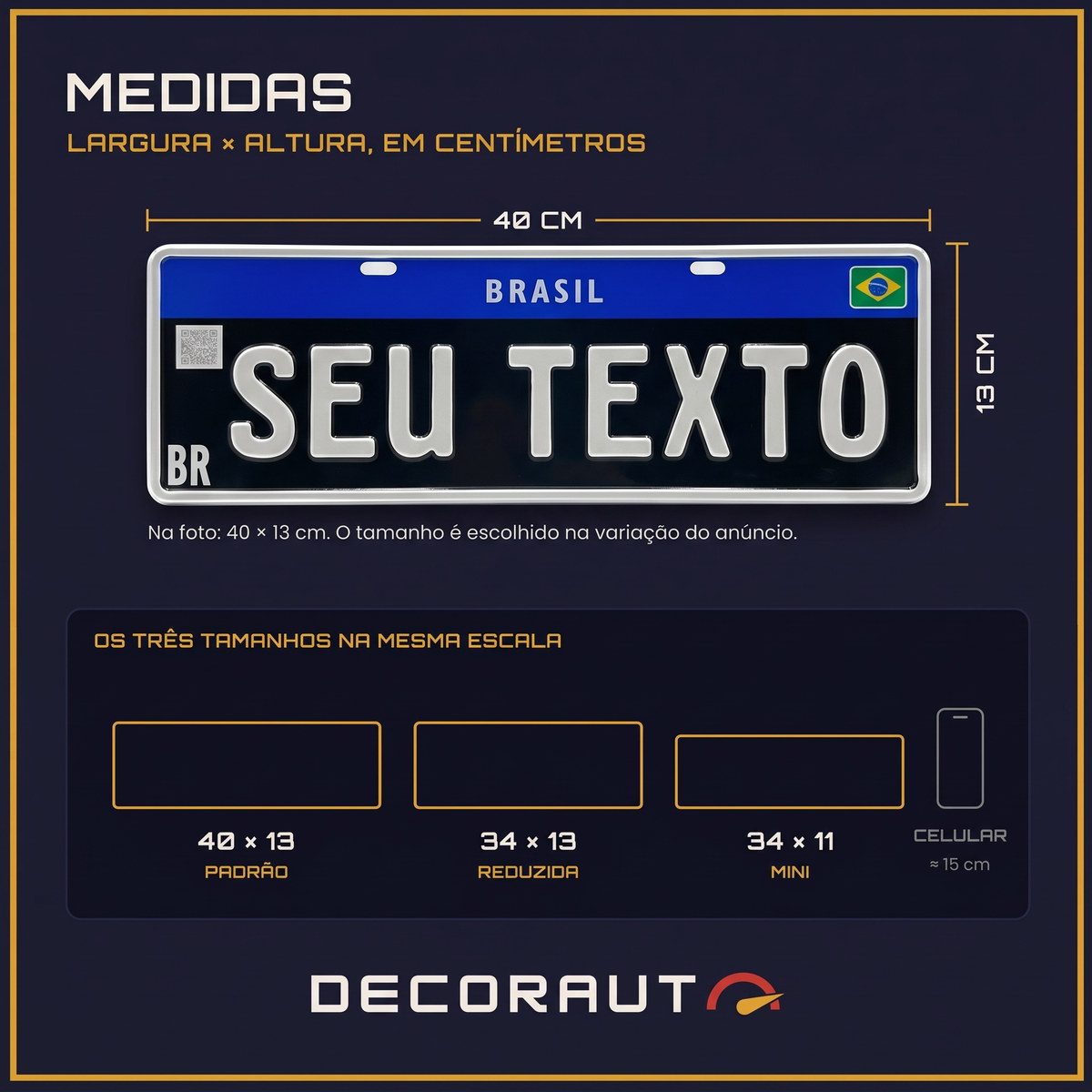 Medidas da placa colecionador preta e os três tamanhos na mesma escala