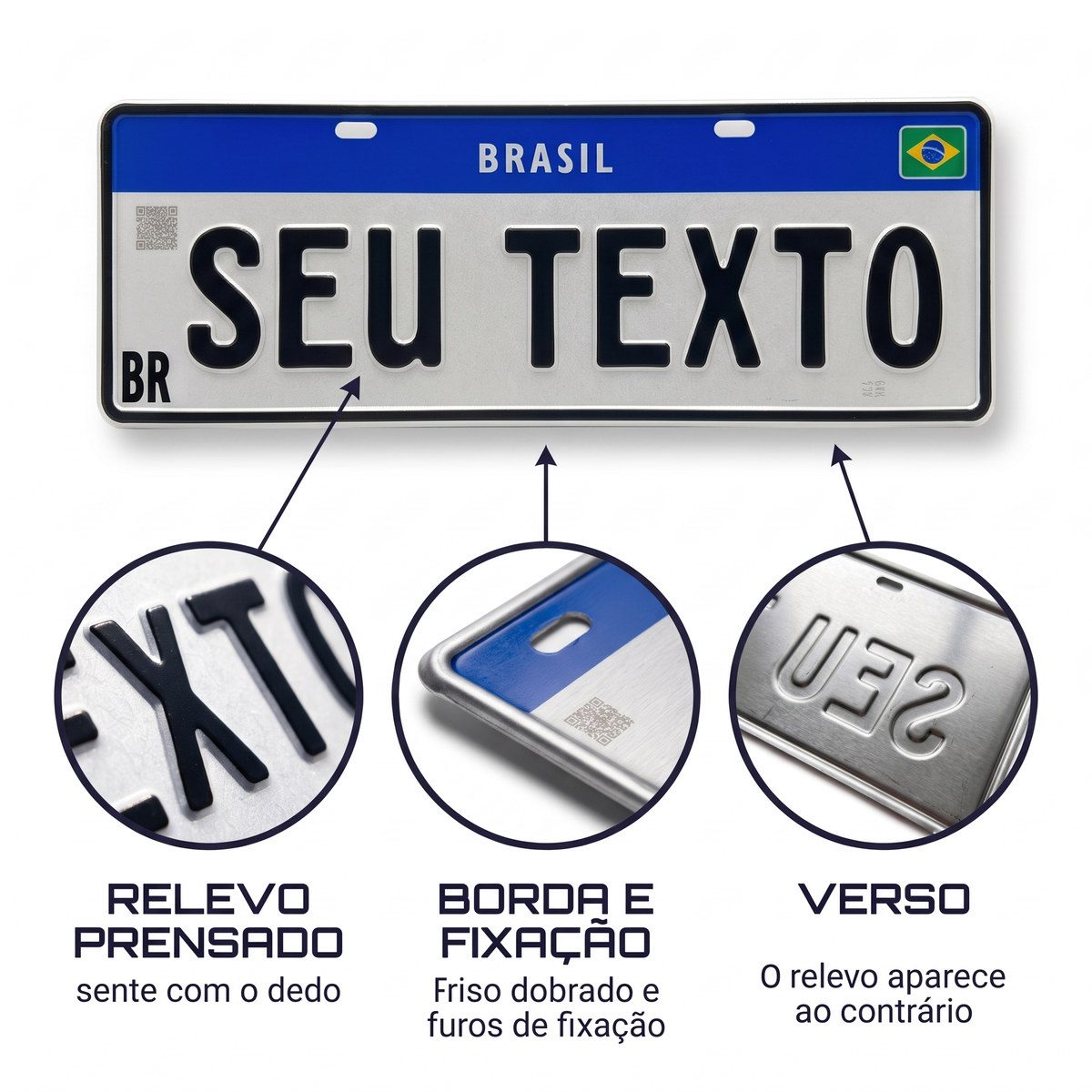 Anatomia da placa Mercosul branca: relevo prensado, borda com furos de fixação e verso