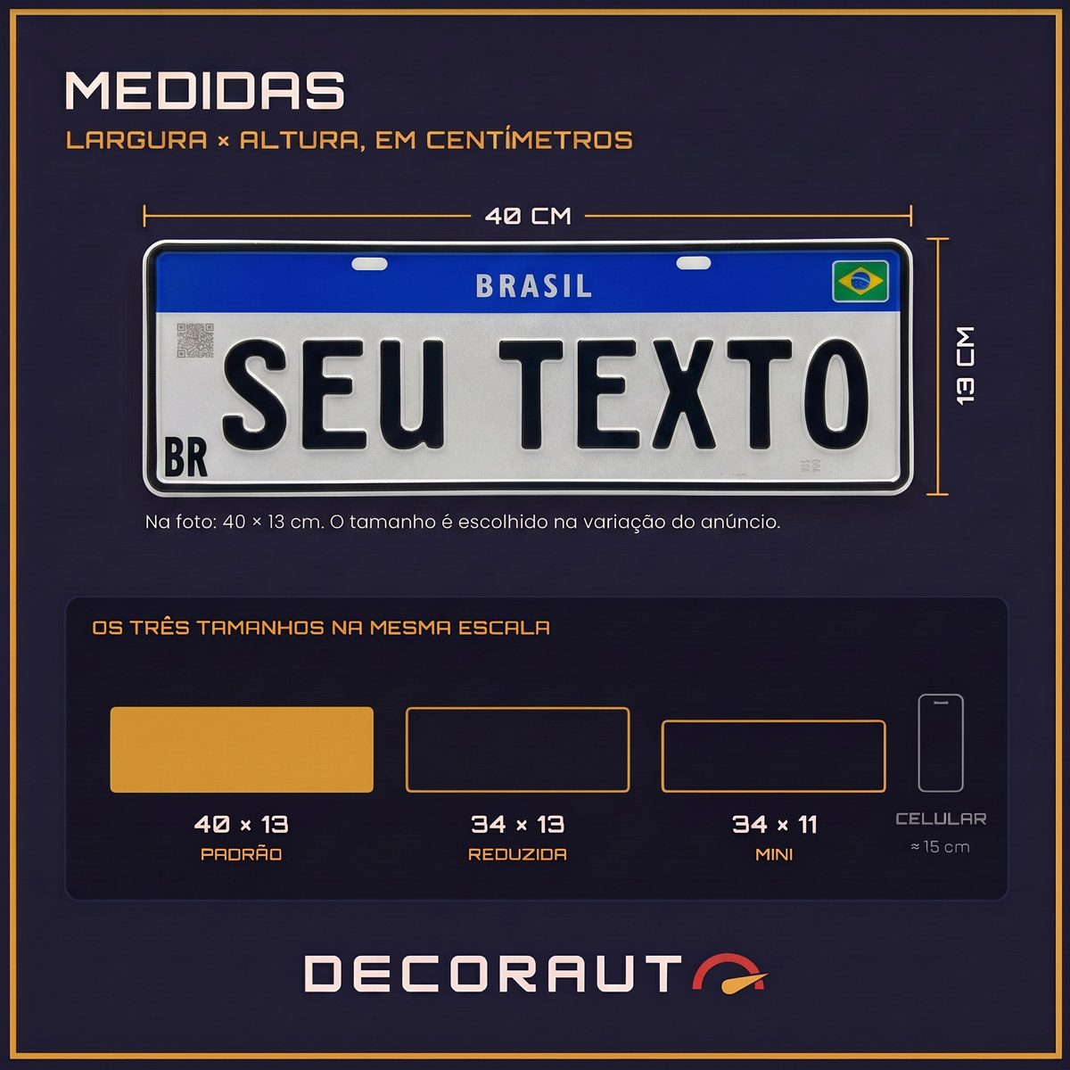 Medidas da placa Mercosul branca e os três tamanhos na mesma escala