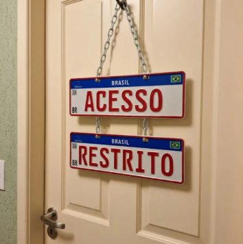 Duas placas decorativas penduradas em corrente na porta, escrito ACESSO e RESTRITO