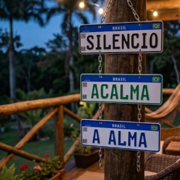 Três placas decorativas penduradas na varanda, escrito SILENCIO, ACALMA e A ALMA